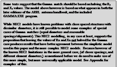Text Box: Some texts suggest that the Gamma match should be based on halving the Ra and Xa values. The model above however is based on what appears in both the later editions of the ARRL antenna handbook, and the included GAMMA.EXE program.

While NEC2 models have known problems with close spaced structures with dissimilar diameters, it is still possible to model some examples of special cases of Gamma matches (equal diameters and reasonable spacings/alignments). This NEC2 modelling, in my case at least, supports the proposition that leaving the values of Ra and Xa not halved for the Gamma case produces results that have better agreement between the simplistic model used in this paper and the more complex NEC2 models.  Because however of the known NEC2 limitations in the more general case, (of closer spacings, and different element diameters,) as mentioned before we do need to make use of this more simple, but more universally applicable model. See Appendix for examples of this.
